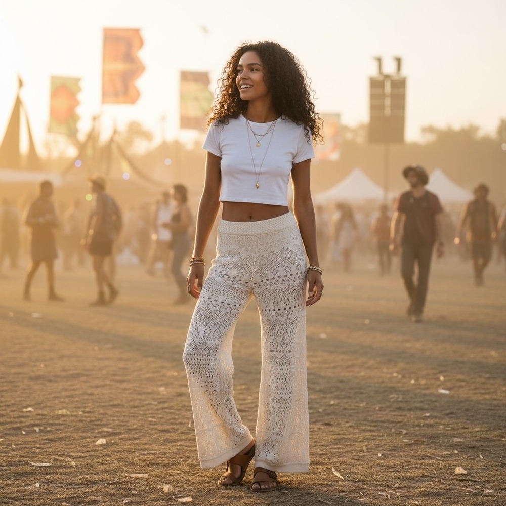 Good Luck Gem Cream Crochet Knit Wide Leg Festival‎ Pants  L